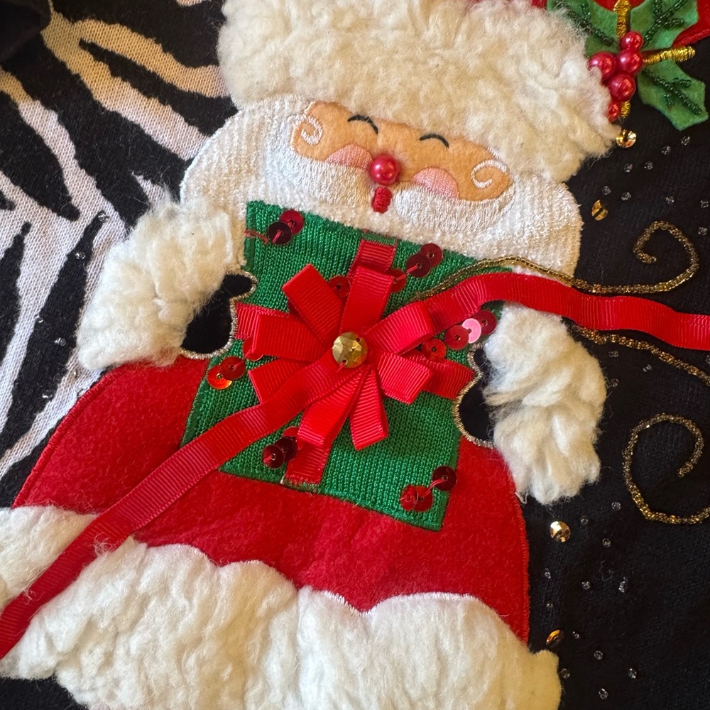 Jack B Quick Womens L Christmas Top Santa Poinsettias Beaded Zebra Print Vintage - Picture 2 of 5